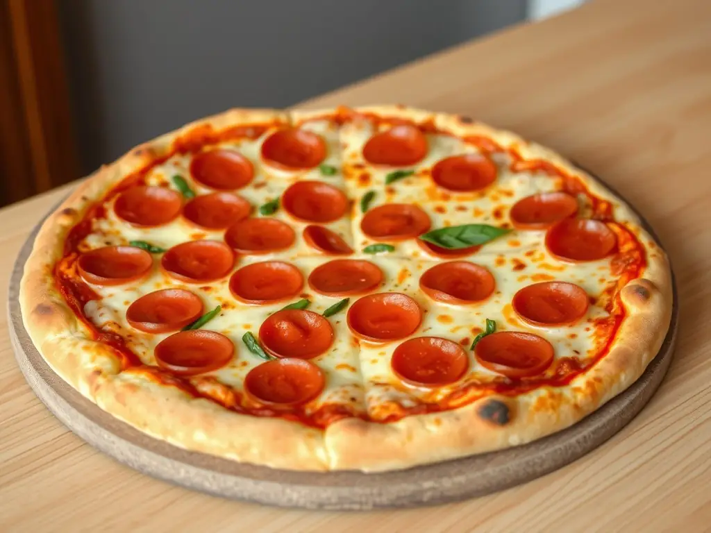 A mouthwatering Spicy Pepperoni Pizza with crispy edges and a generous topping of pepperoni, captured in a well-lit studio setting. The pizza is cut into slices, revealing the layers of cheese, pepperoni, and zesty tomato sauce.