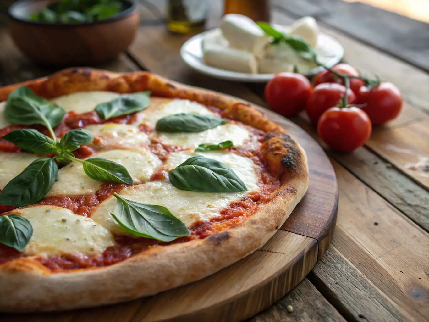 A high-angle, close-up shot of a Classic Margherita Pizza on a wooden peel, showcasing its fresh basil leaves, melted mozzarella cheese, and vibrant tomato sauce. The pizza is perfectly round and slightly charred, conveying a sense of authentic Italian craftsmanship.