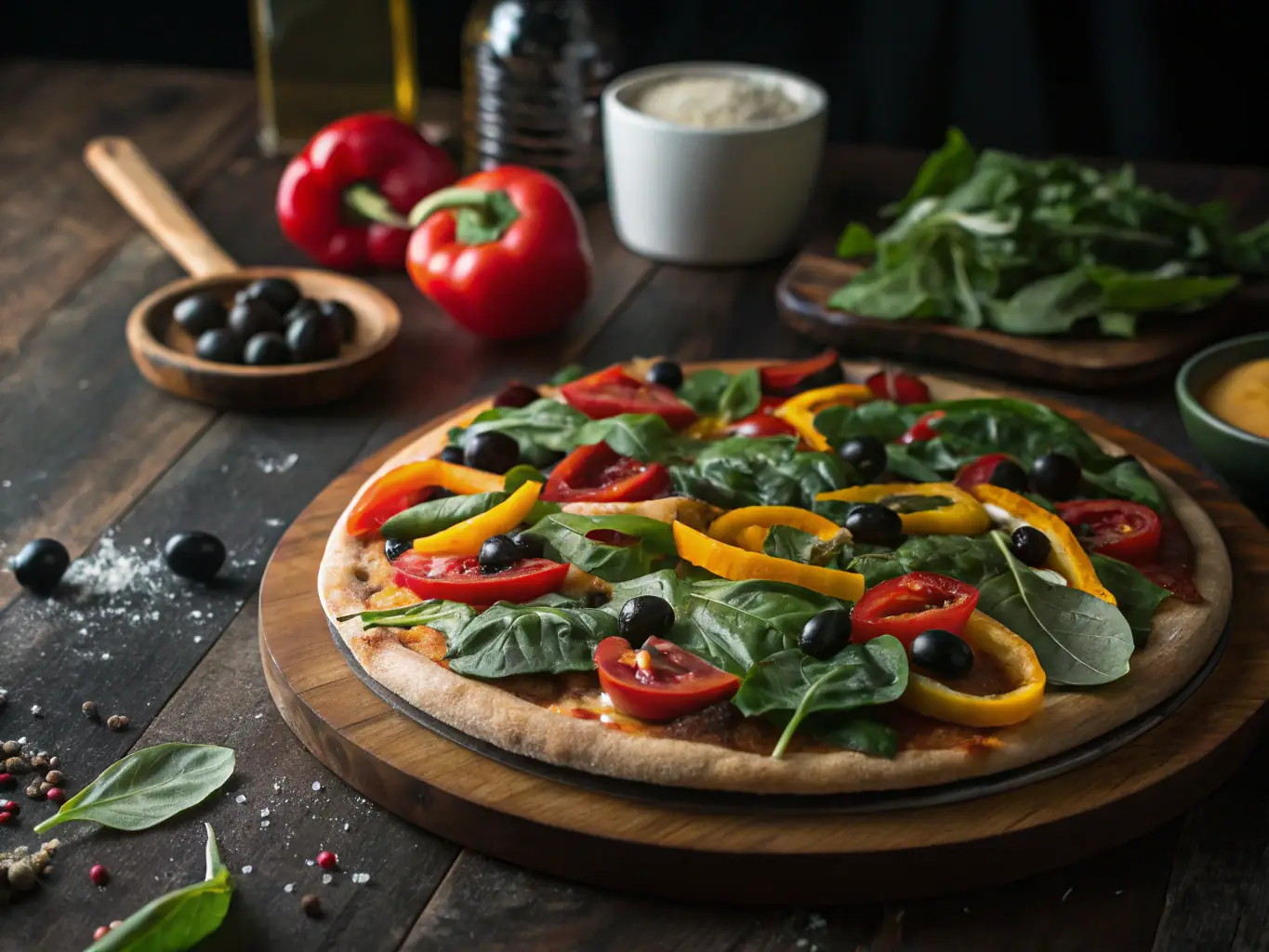 A vibrant Vegetarian Supreme Pizza loaded with fresh vegetables and melted cheese, photographed in a bright and airy kitchen setting. The pizza is topped with bell peppers, onions, mushrooms, and olives, creating a colorful and appetizing display.