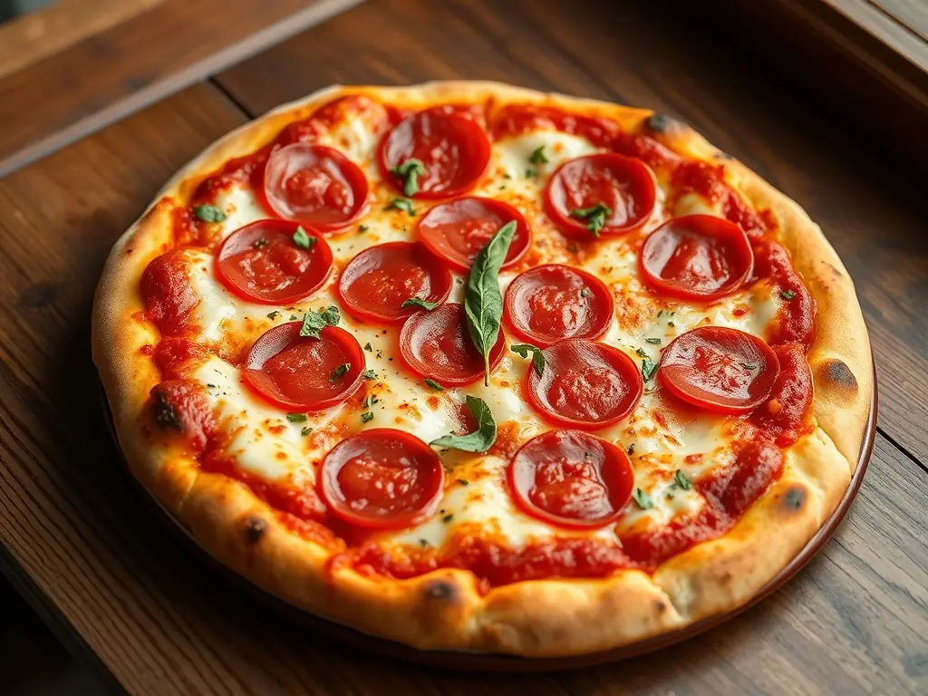 A close-up shot of a Spicy Pepperoni Pizza, highlighting the generous slices of spicy pepperoni, melted mozzarella, and zesty tomato sauce, with a visible steam rising to emphasize its freshness.