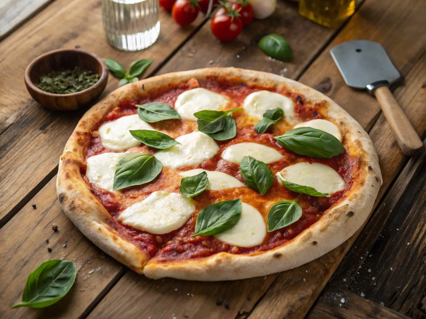 A vibrant, overhead shot of a Classic Margherita Pizza, showcasing its fresh basil leaves, melted mozzarella, and rich tomato sauce on a perfectly baked crust, set in a warm, inviting pizzeria ambiance.